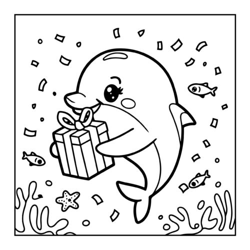 Cute dolphin holding wrapped gift box with small fish and starfish around