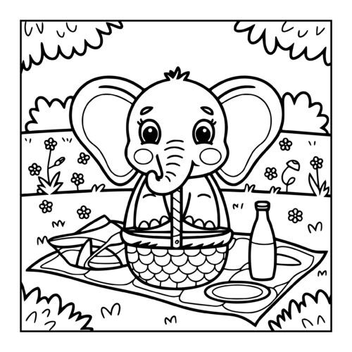 Cute elephant having a picnic on a blanket with basket and bottle
