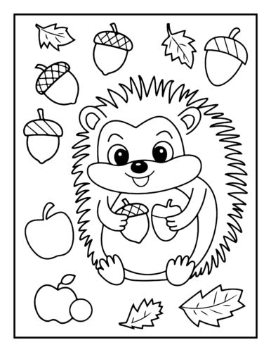 Cute hedgehog holding acorns surrounded by oak leaves and apples