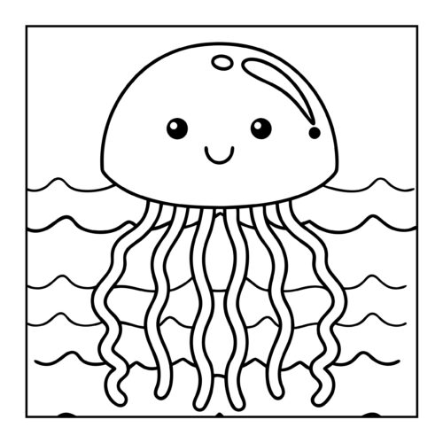 Cute jellyfish with smiling face swimming in wavy ocean