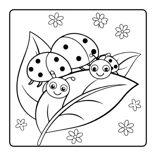 Cute ladybugs on a leaf with flowers
