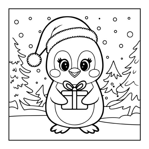 Cute penguin in Santa hat holding wrapped present in snowy forest