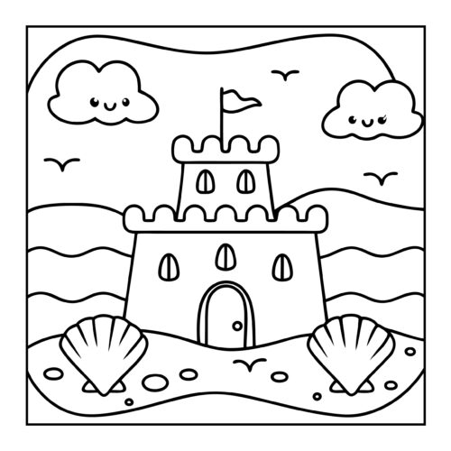 Cute sandcastle with flag and seashells on beach with smiling clouds