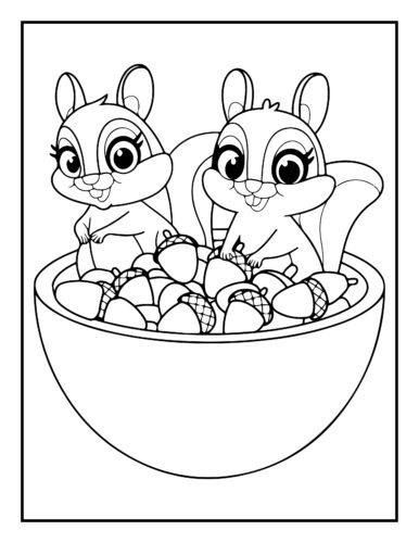 Cute squirrels in bowl of acorns with detailed cross hatched acorn caps