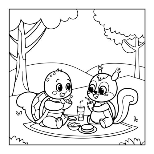 Cute turtle and squirrel friends having picnic under trees on sunny day