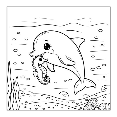 Dolphin and crab among seaweed in an underwater scene