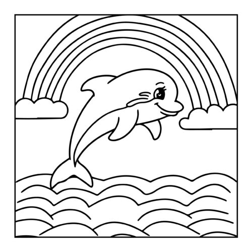 Dolphin leaping through waves under a rainbow in the sky