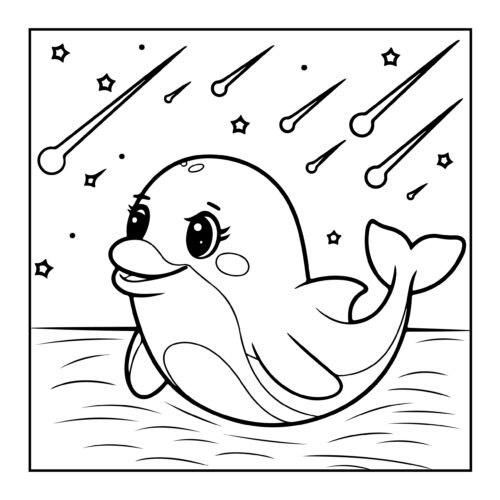 Dolphin swimming under night sky with stars and shooting stars above