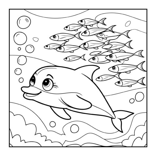 Dolphin swimming with school of fish in deep water