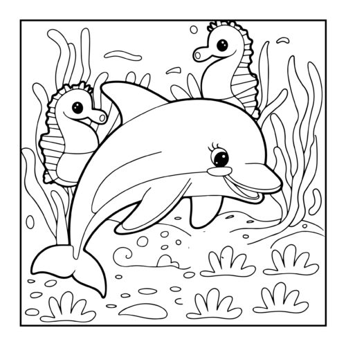 Dolphin swimming with seahorses in a coral reef setting