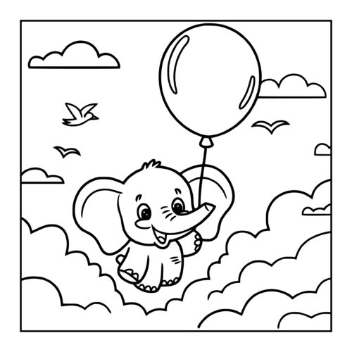 Elephant floating with balloon in cloudy sky