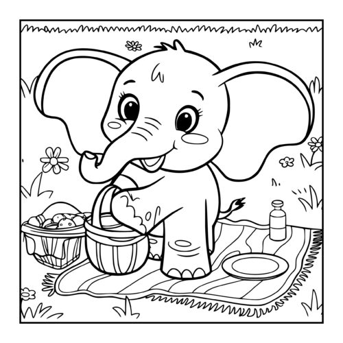 Elephant having a picnic on a blanket