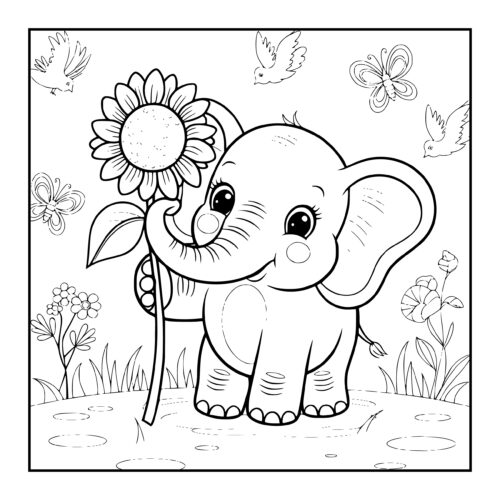 Elephant holding a sunflower surrounded by birds and butterflies