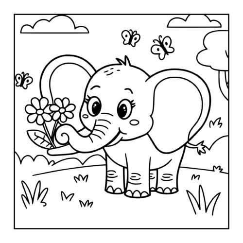 Elephant holding flowers with butterflies flying around