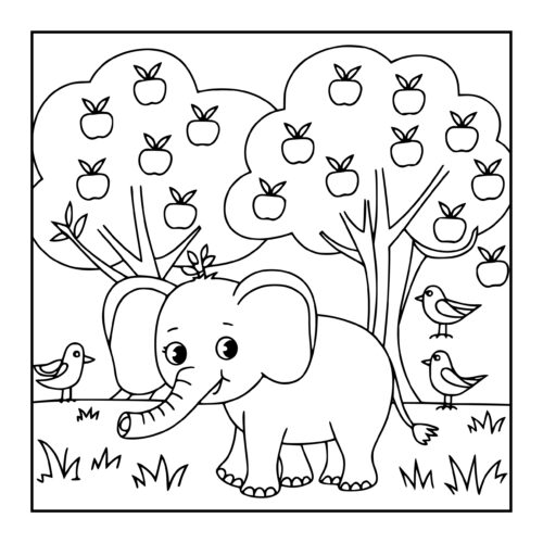 Elephant in apple orchard with birds