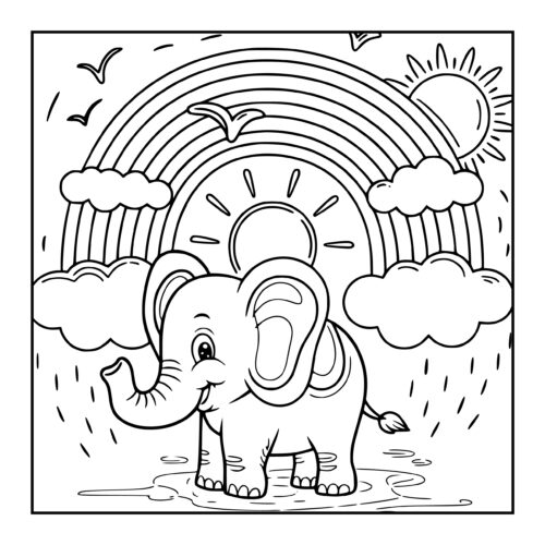 Elephant in rain with rainbow