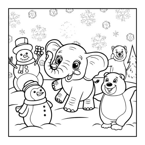Elephant in winter scene with snowmen and bears