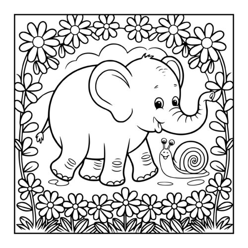 Elephant with a friendly snail in a flower border