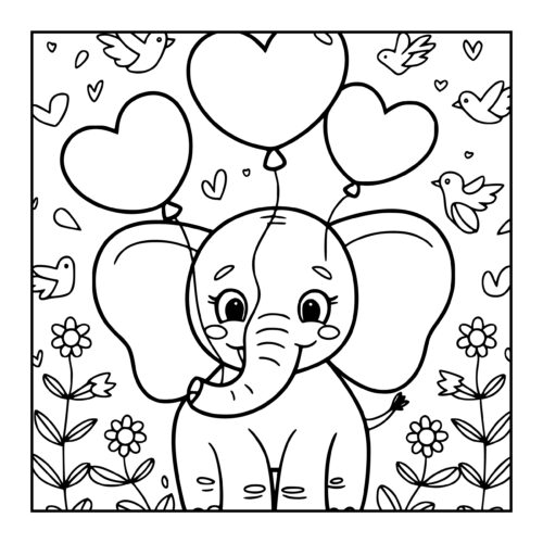 Elephant with heart balloons surrounded by birds