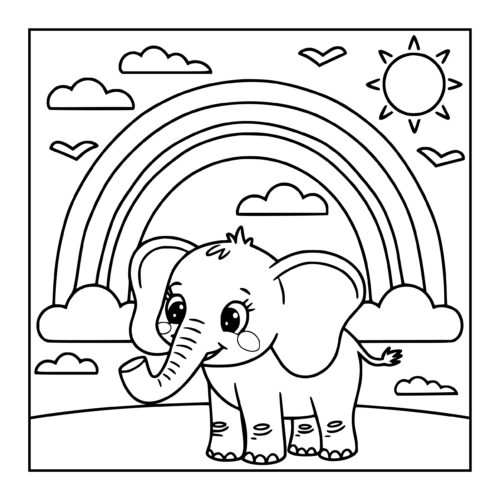 Elephant with rainbow in sunny sky