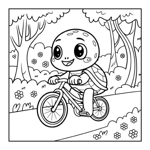 Energetic turtle riding bicycle along park path with flowers in background