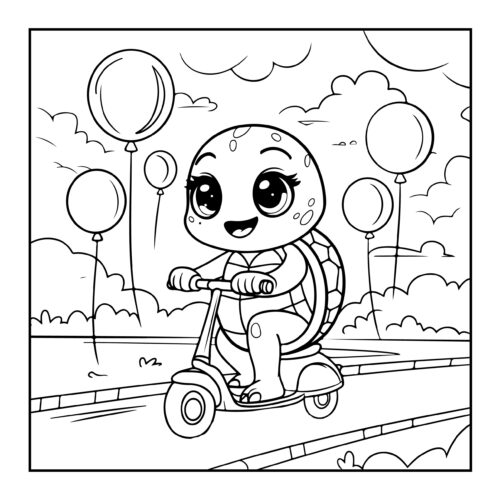 Excited turtle riding a scooter on pathway with balloons floating in sky