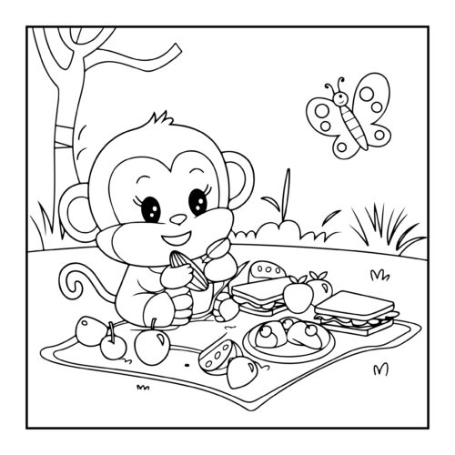 Female monkey enjoying a picnic with sandwiches and fruits on blanket