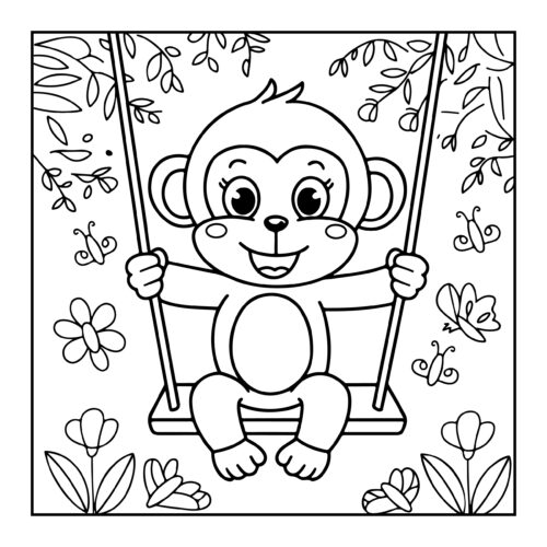 Female monkey smiling on swing hanging from tree with butterflies nearby