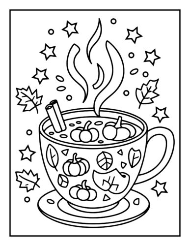 Festive autumn themed mug with pumpkin decoration, cinnamon stick, and stars