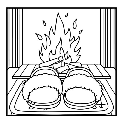 Fireplace with slippers warming near the flames