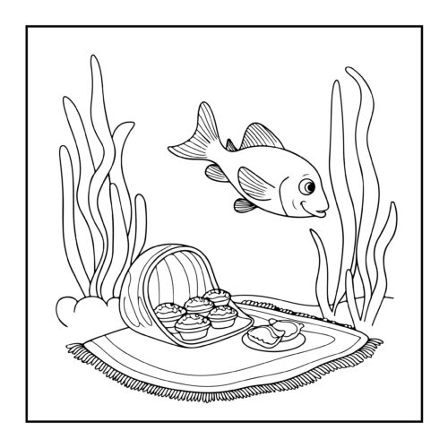 Fish swimming near an underwater picnic blanket