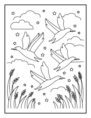 Flying geese or ducks in night sky with stars and wheat stalks