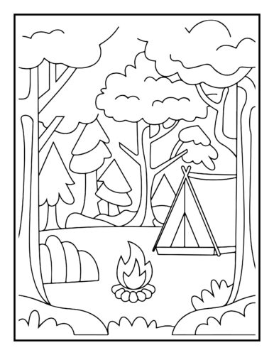 Forest camping scene with tent, trees, and campfire in woodland setting