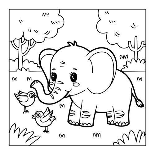 Friendly baby elephant greeting little birds in a grassy meadow