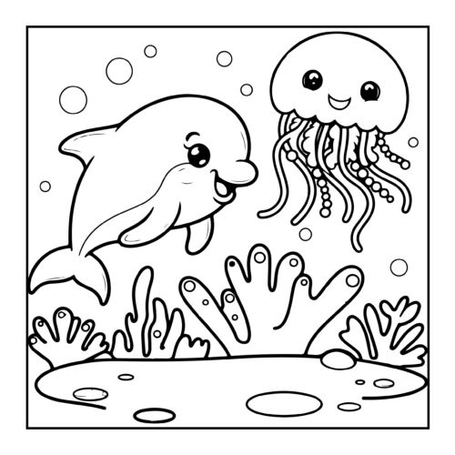 Friendly dolphin and jellyfish with coral formations on the ocean floor