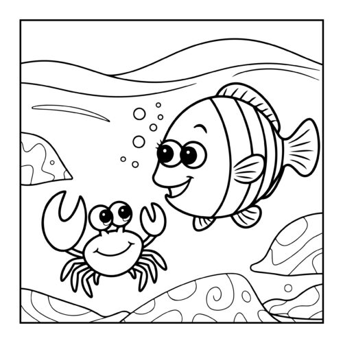 Friendly striped fish and smiling crab meeting underwater with bubbles
