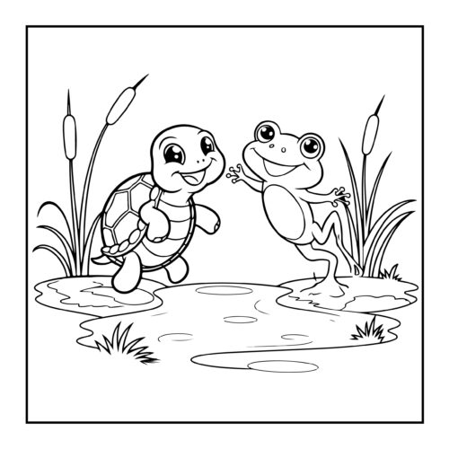 Friendly turtle and frog swimming in puddle near water plants and grass