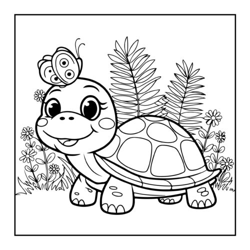 Friendly turtle with butterfly perched on head among ferns and daisy flowers