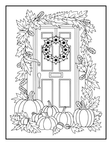 Front door decorated with autumn wreath, pumpkins and maple leaves
