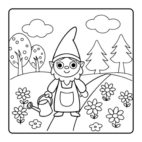 Garden gnome watering flowers on path with trees