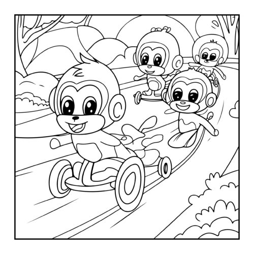 Group of monkey friends racing on wheeled toys along park path