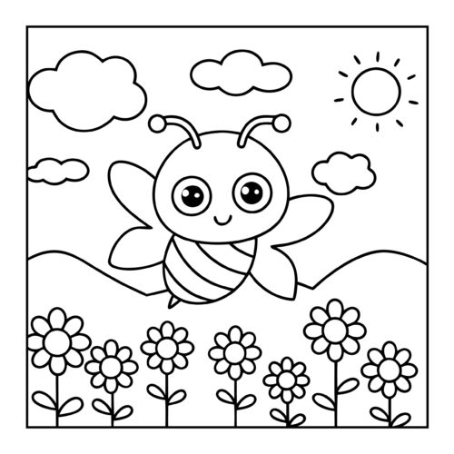 Happy cartoon bee flying in a flower field with clouds and sun