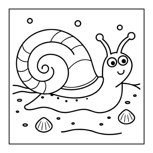 Happy cartoon snail with spiral shell crawling near seashells