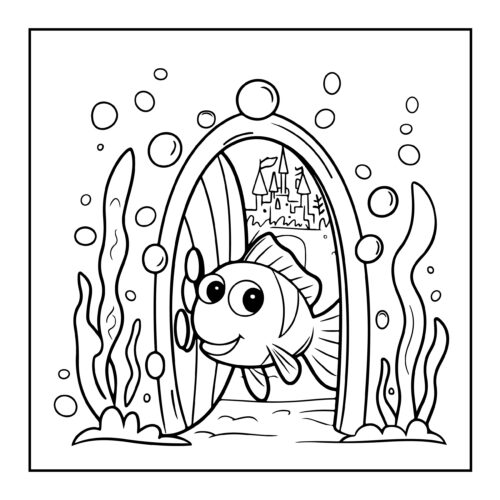 Happy fish looking through a magical underwater archway with castle