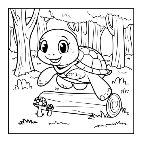 Happy forest turtle walking on fallen log with mushrooms growing nearby