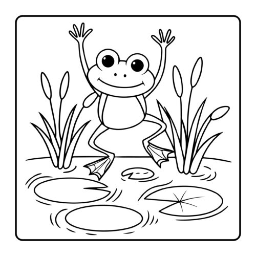 Happy frog jumping between lily pads with cattails