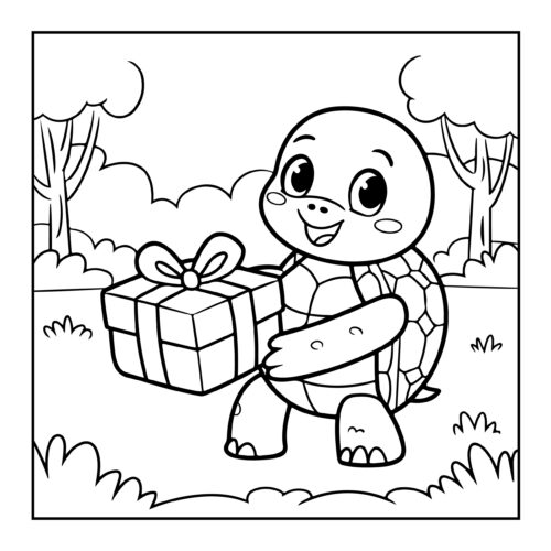 Happy turtle holding wrapped present walking through park on sunny day