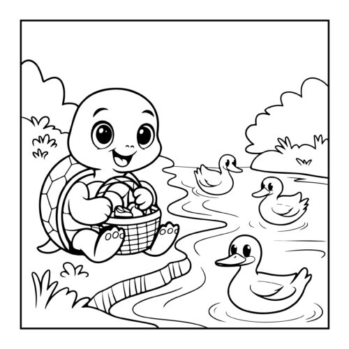 Happy turtle with picnic basket watching ducks swim in curving stream