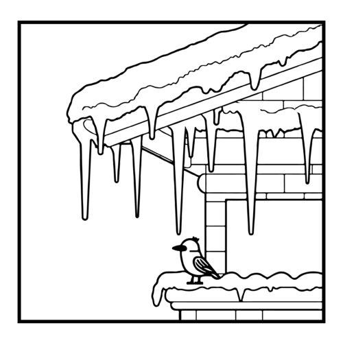 Icicles hanging from a roof with small bird