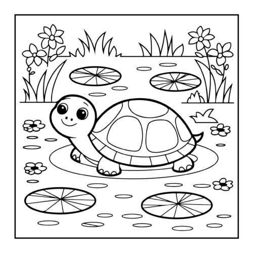 Joyful turtle flying diamond kite in open field with trees and clouds